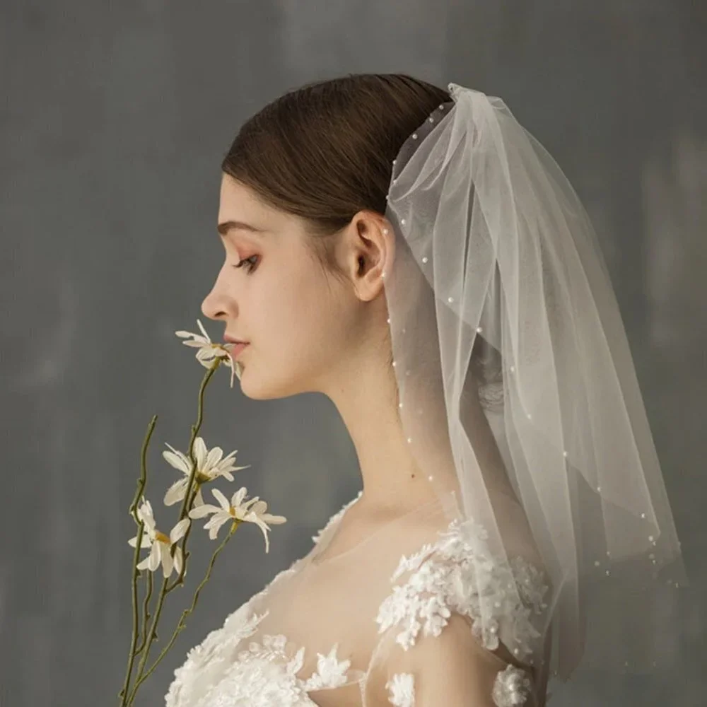 Wedding veil white bridal white pearls short shoulder elegant beautiful unique